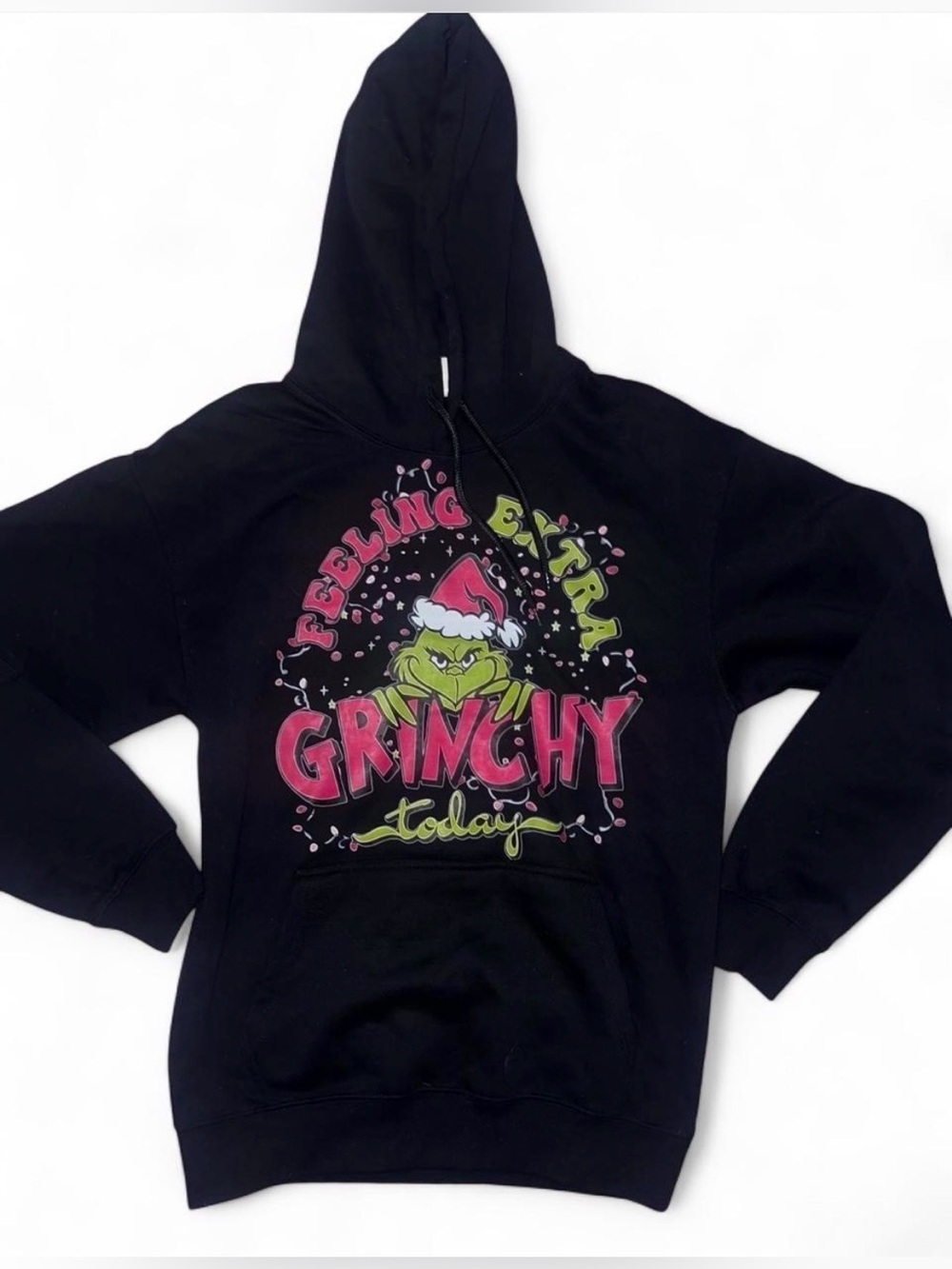 SHEIN Black Hoodie with Grinch Graphic and Red Santa Hat S